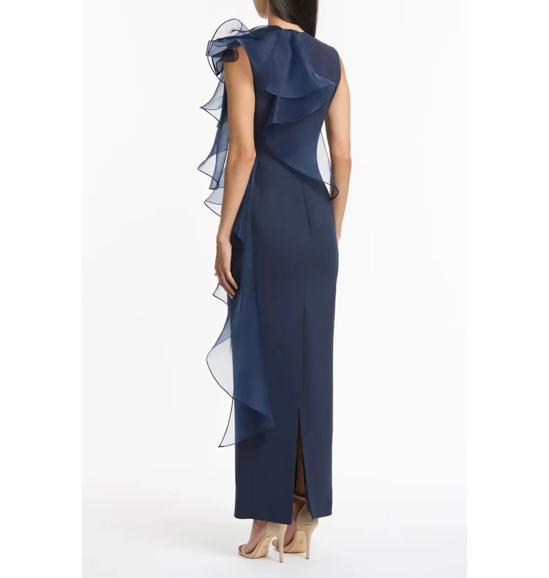 Carla Zampatti Crepe Ruffle Shoulder Gown Navy Size 12 for rent on The Volte - main image