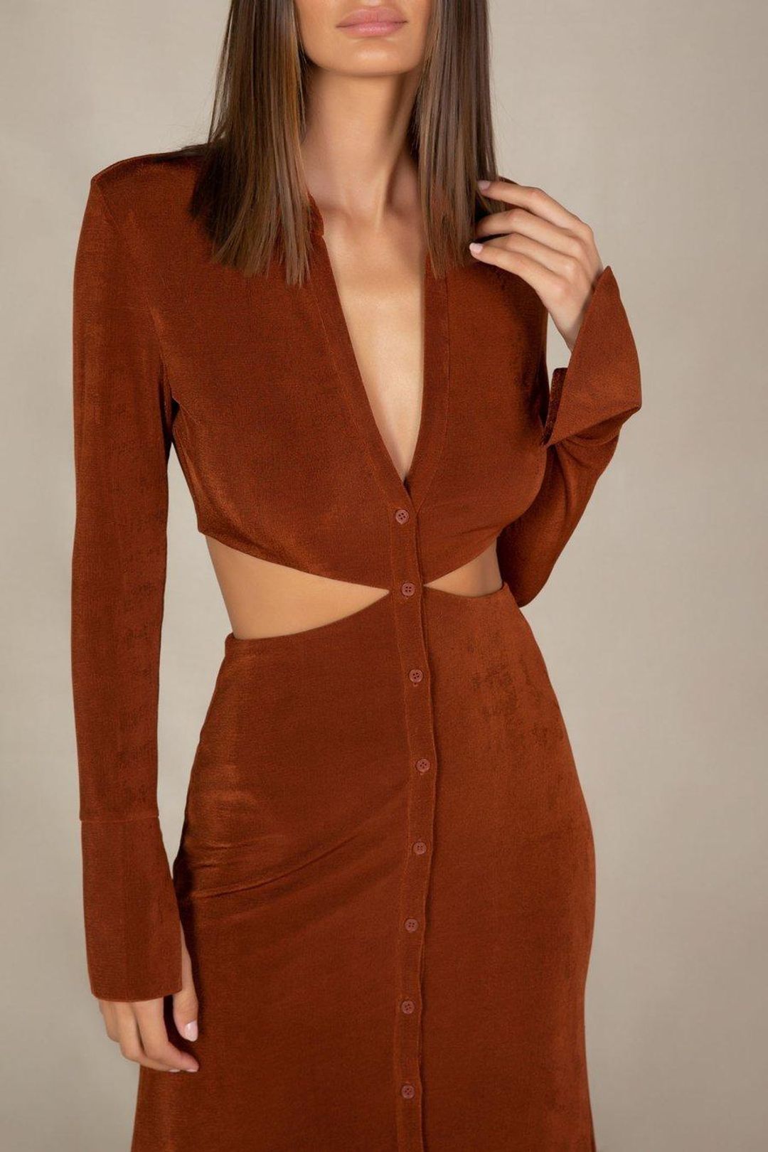 MISHA Salona Midi Dress Brown Size 12 for rent on The Volte - main image