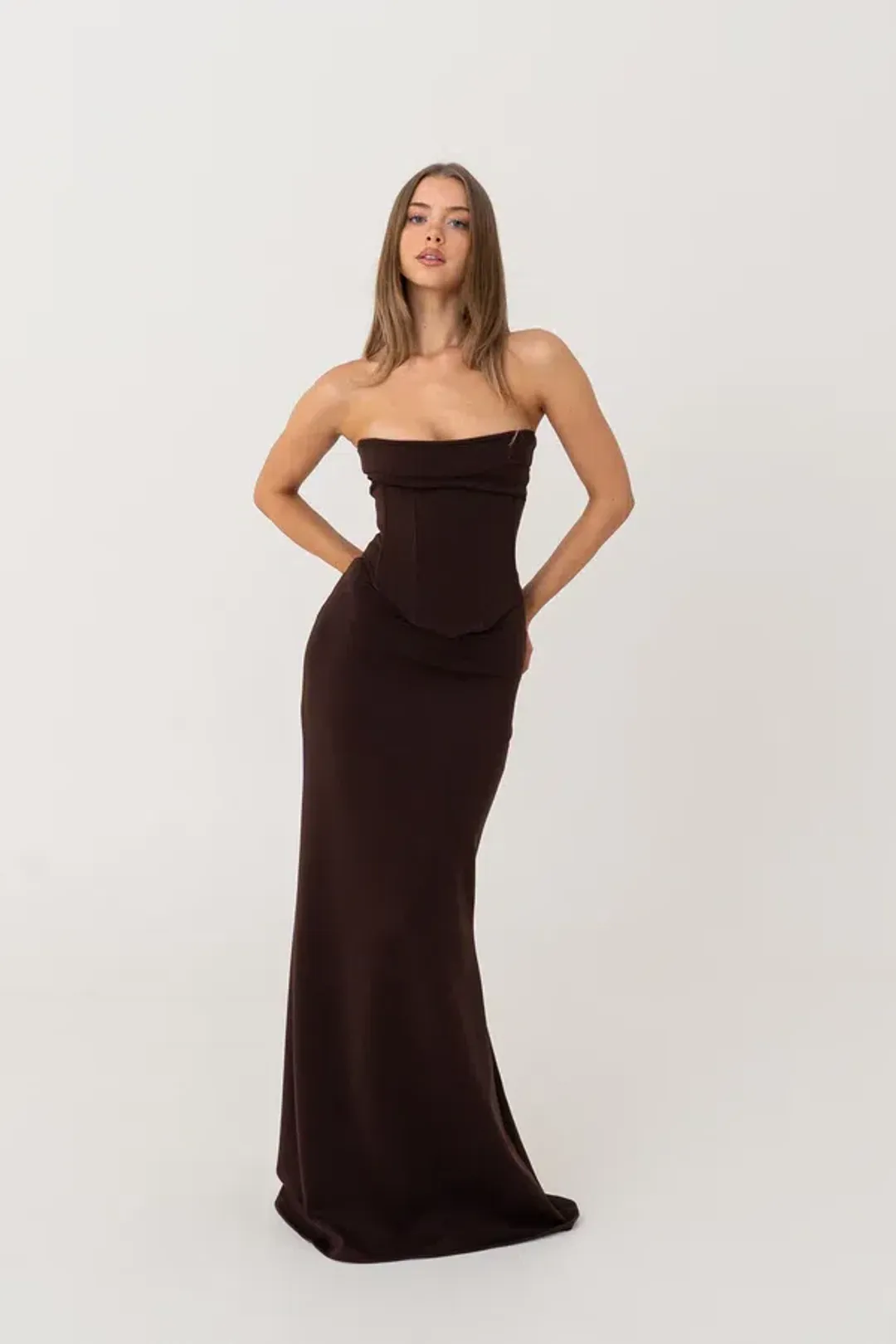 HNTR The Label Louie Gown in Brown Size 6 for rent on The Volte - main image
