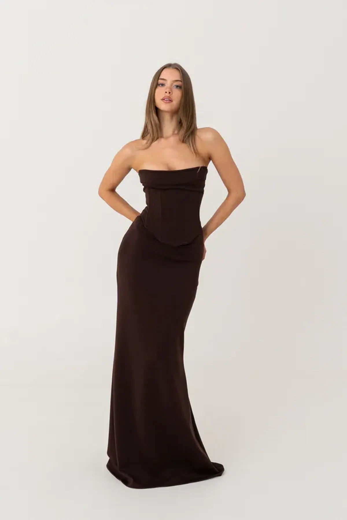 HNTR The Label Louie Gown in Brown Size 6 for rent on The Volte - main image