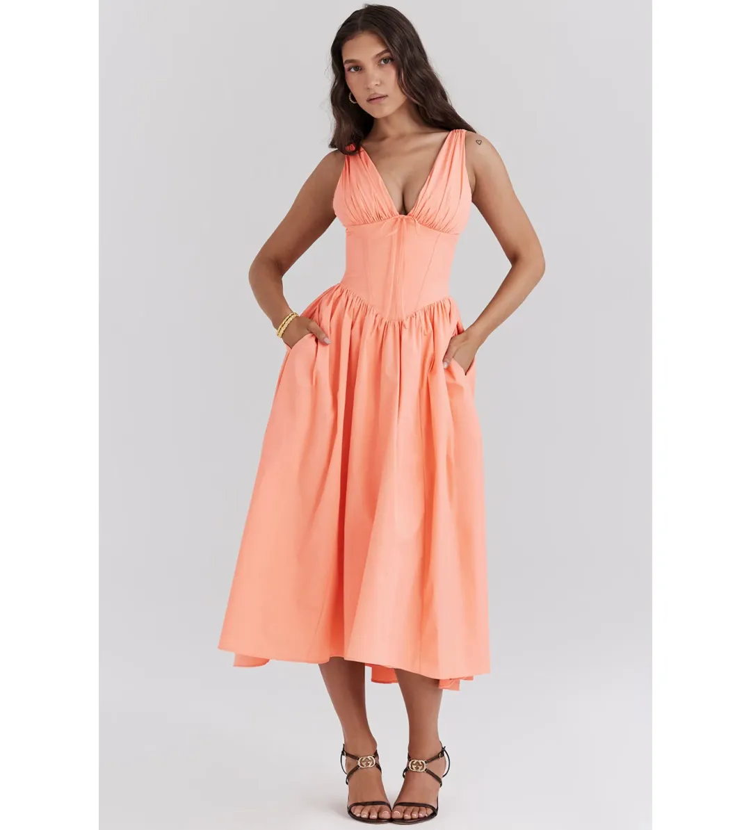 House of CB Emmelina Sorbet Cotton Corset Midi Sundress Size 8 for rent on The Volte - main image