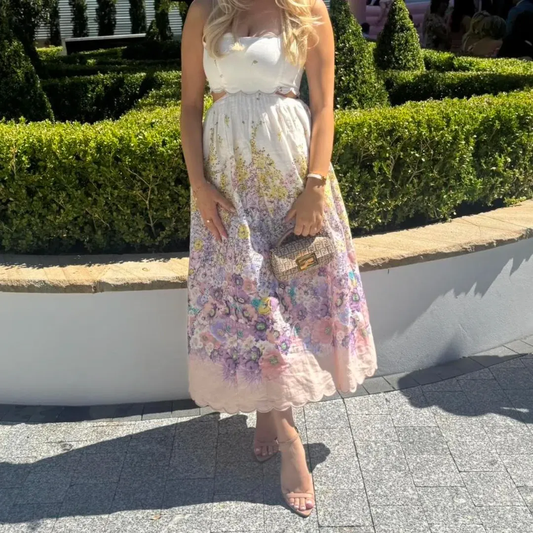 Zimmermann Jude Scallop Midi Dress in Peach Gradient Floral Size 3 /AU 10-12 for rent on The Volte - main image