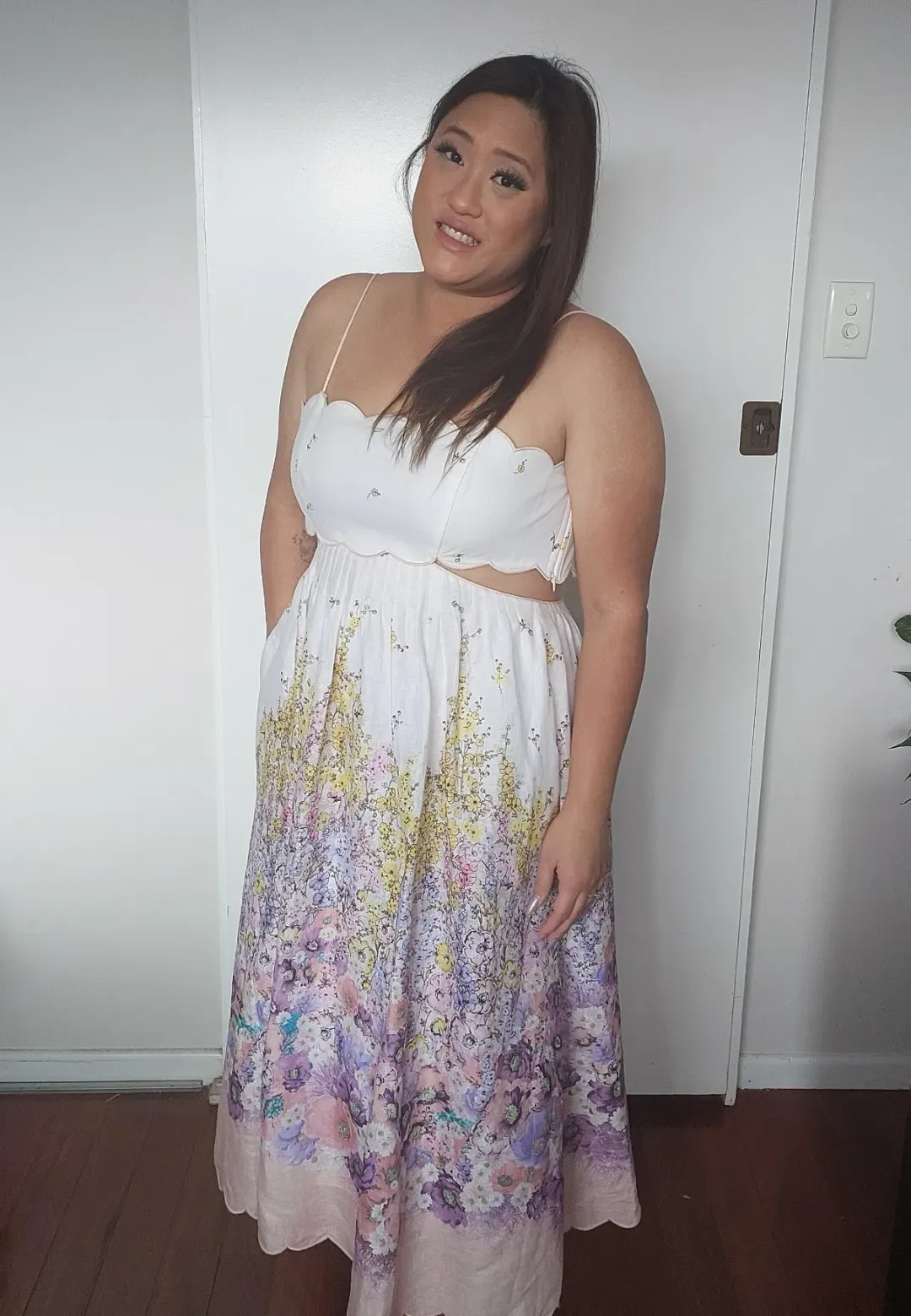 Zimmermann Jude Scallop Midi Dress in Peach Gradient Floral Size 3 /AU 10-12 for rent on The Volte - main image