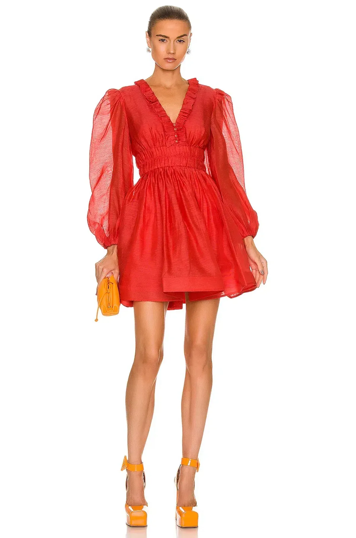 Zimmermann Prima Frill V Neck Mini Dress Red Size AU 12 for rent on The Volte - main image