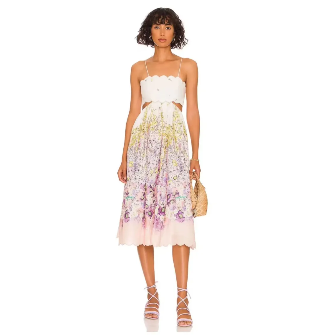 Zimmermann Jude Scallop Midi Dress Peach Gradient Floral Size 2 / AU 12 for rent on The Volte - main image