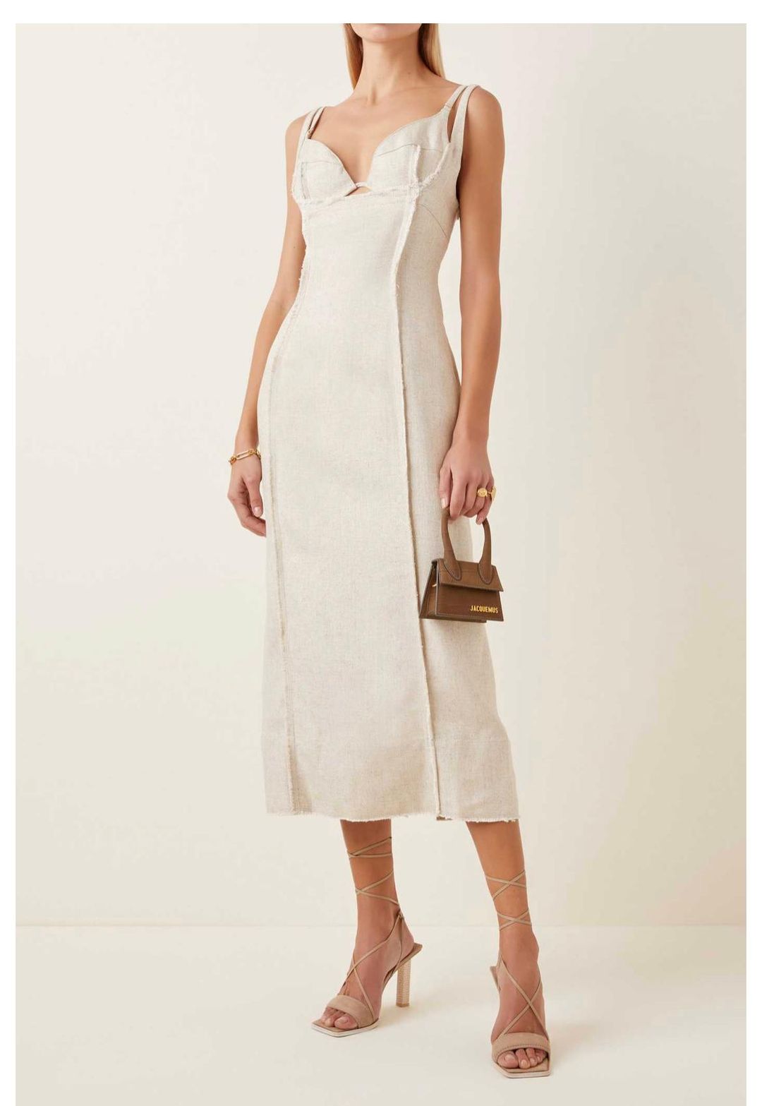 Jacquemus Valerie Woven Midi Dress Beige Size 8 for rent on The Volte - main image