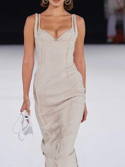 Jacquemus Valerie Woven Midi Dress Beige Size 8 for rent on The Volte - image 2