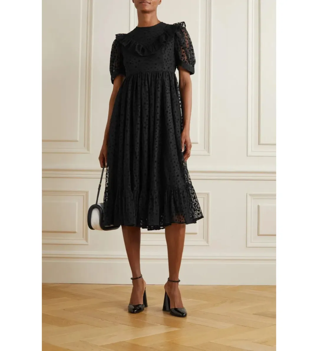 Batsheva May Ruffled Polka-Dot Flocked Tulle Midi Dress Black Size AU 18 for rent on The Volte - main image