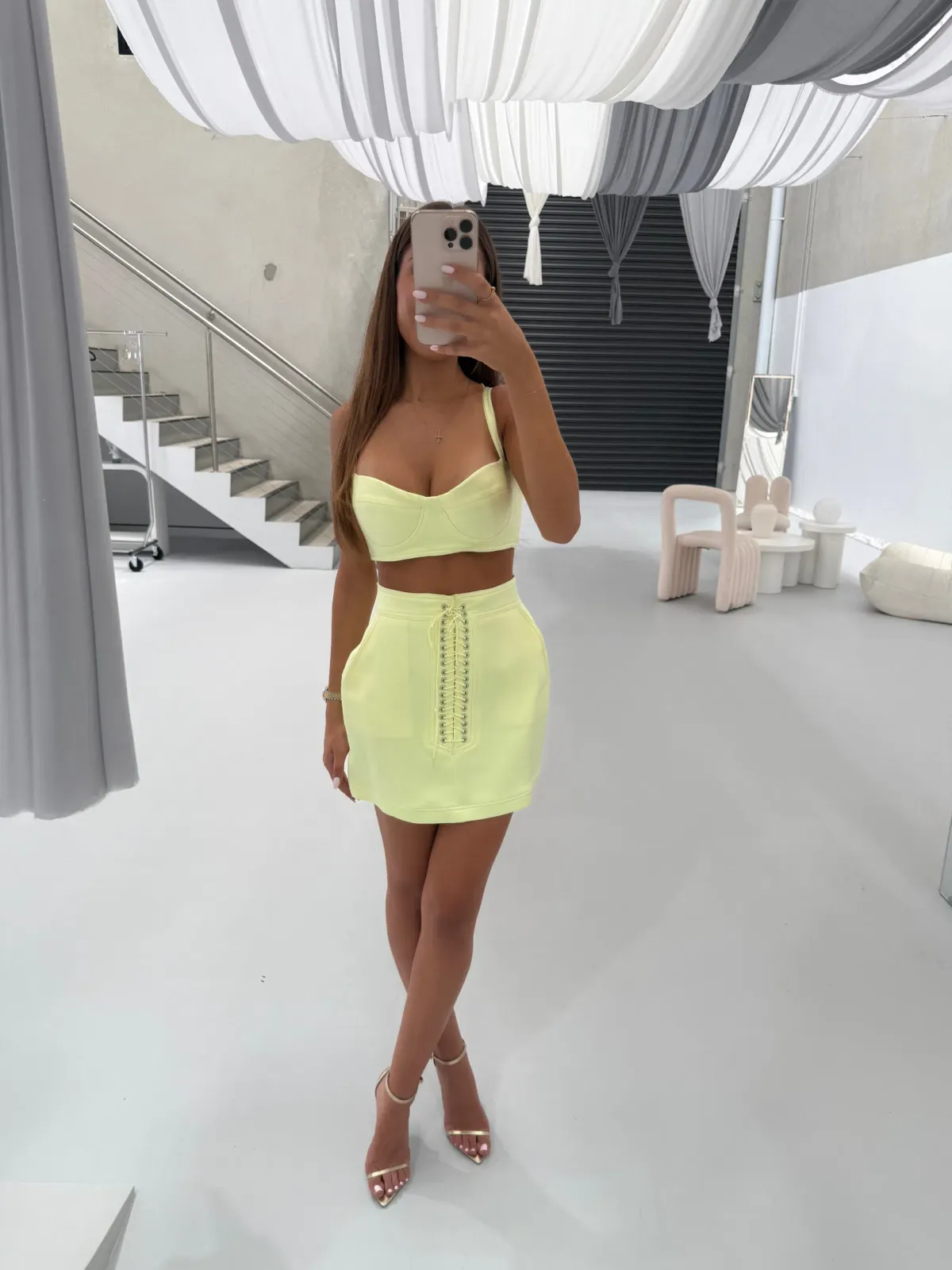 Alex Perry Dana Bra and Spencer Mini Skirt Set Yellow Size AU 6 for rent on The Volte - main image