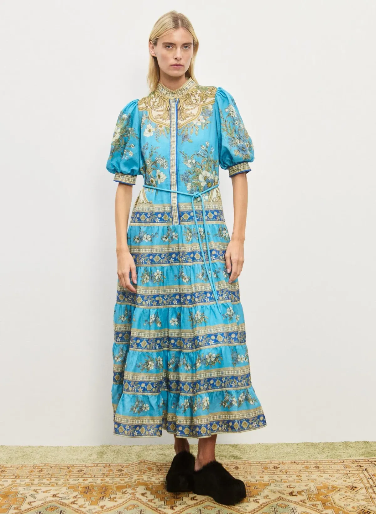 Alemais Cassie Tiered Midi Dress Blue Floral Print Size 10 for rent on The Volte - main image