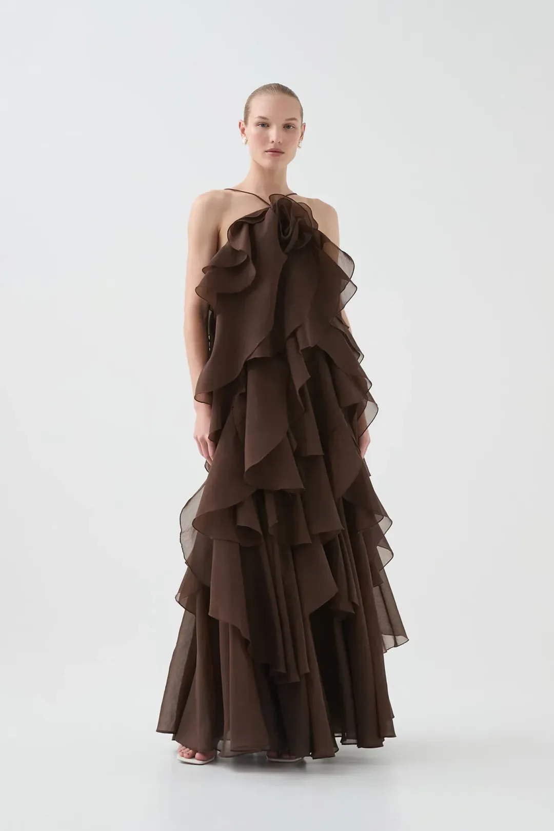 Aje Pandorea Layered Maxi Dress in Carob Size AU 6 for rent on The Volte - main image