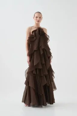 Aje Pandorea Layered Maxi Dress in Carob Size AU 6 for rent on The Volte - image 1