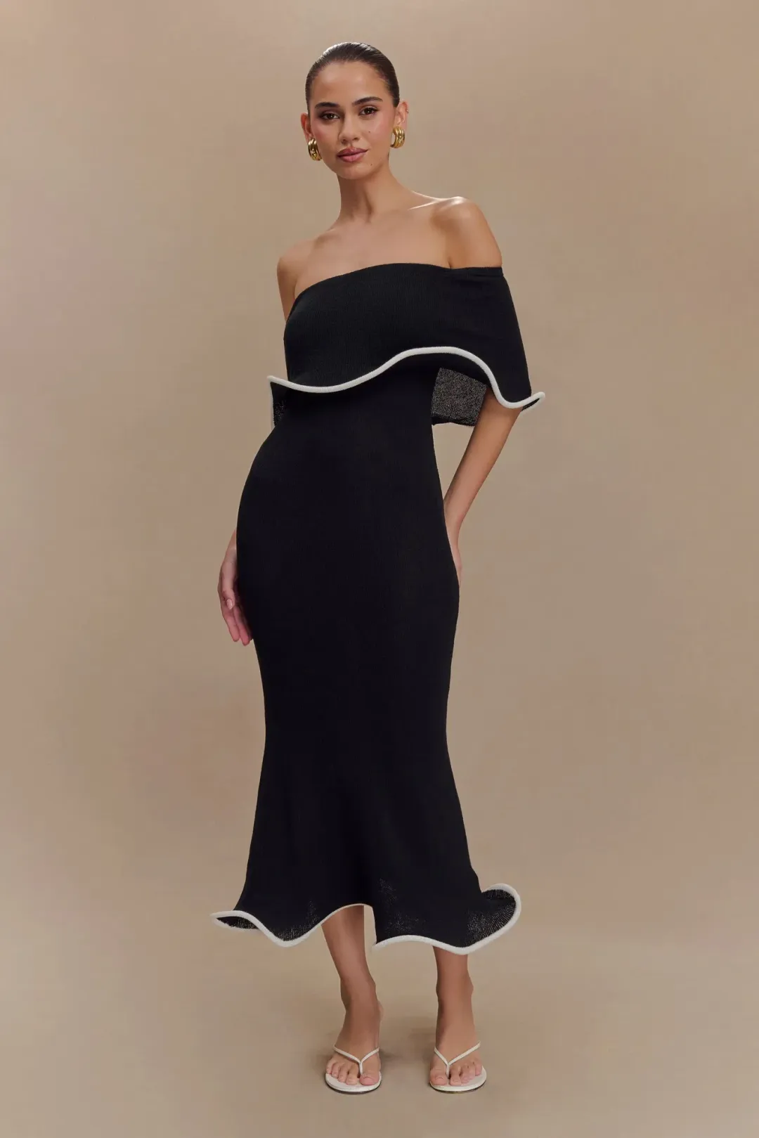 Molly Off Shoulder Knit Midi Dress Black Size S / Size AU 8 — Cocktail, Evening, Wedding Guest, Daytime for rent on The Volte - main image