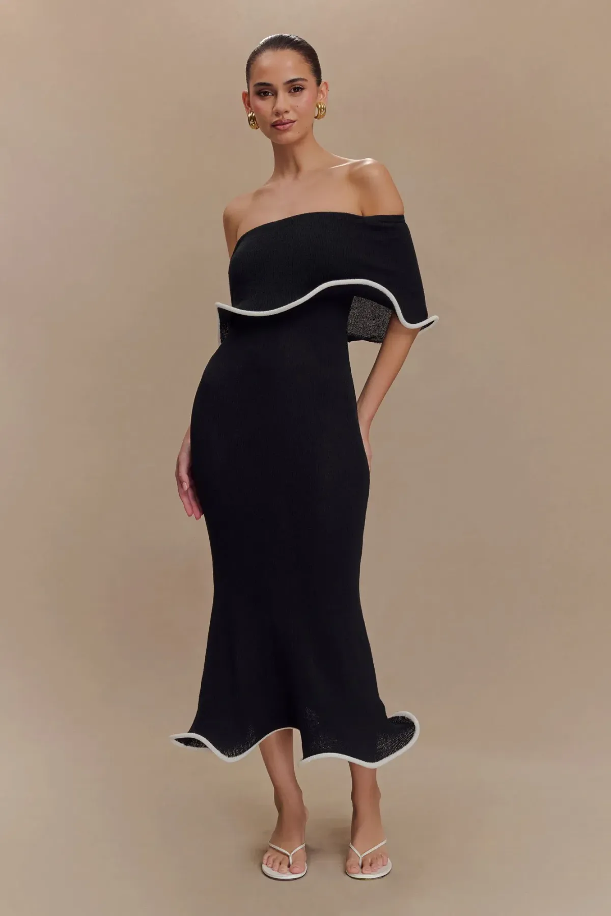 Molly Off Shoulder Knit Midi Dress Black Size S / Size AU 8 — Cocktail, Evening, Wedding Guest, Daytime for rent on The Volte - main image