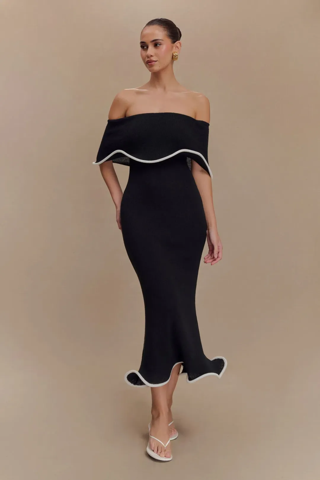 Molly Off Shoulder Knit Midi Dress Black Size S / Size AU 8 — Cocktail, Evening, Wedding Guest, Daytime for rent on The Volte - main image