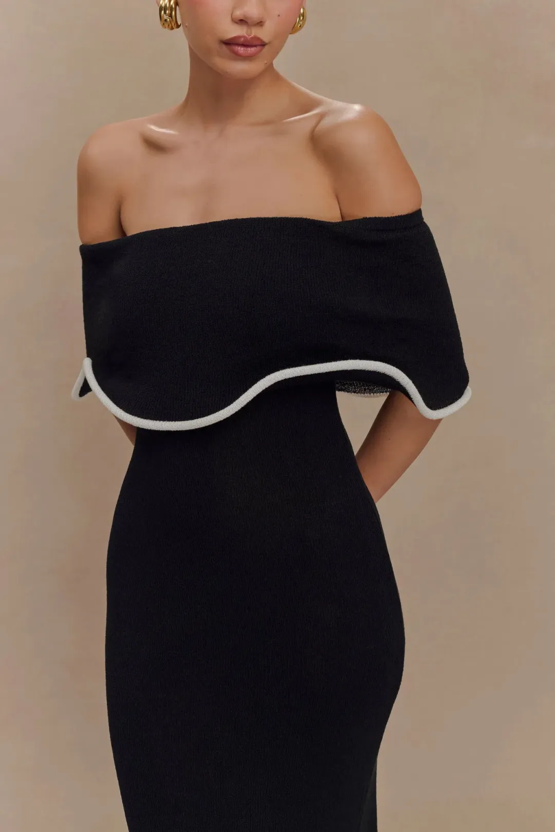 Molly Off Shoulder Knit Midi Dress Black Size S / Size AU 8 — Cocktail, Evening, Wedding Guest, Daytime for rent on The Volte - main image