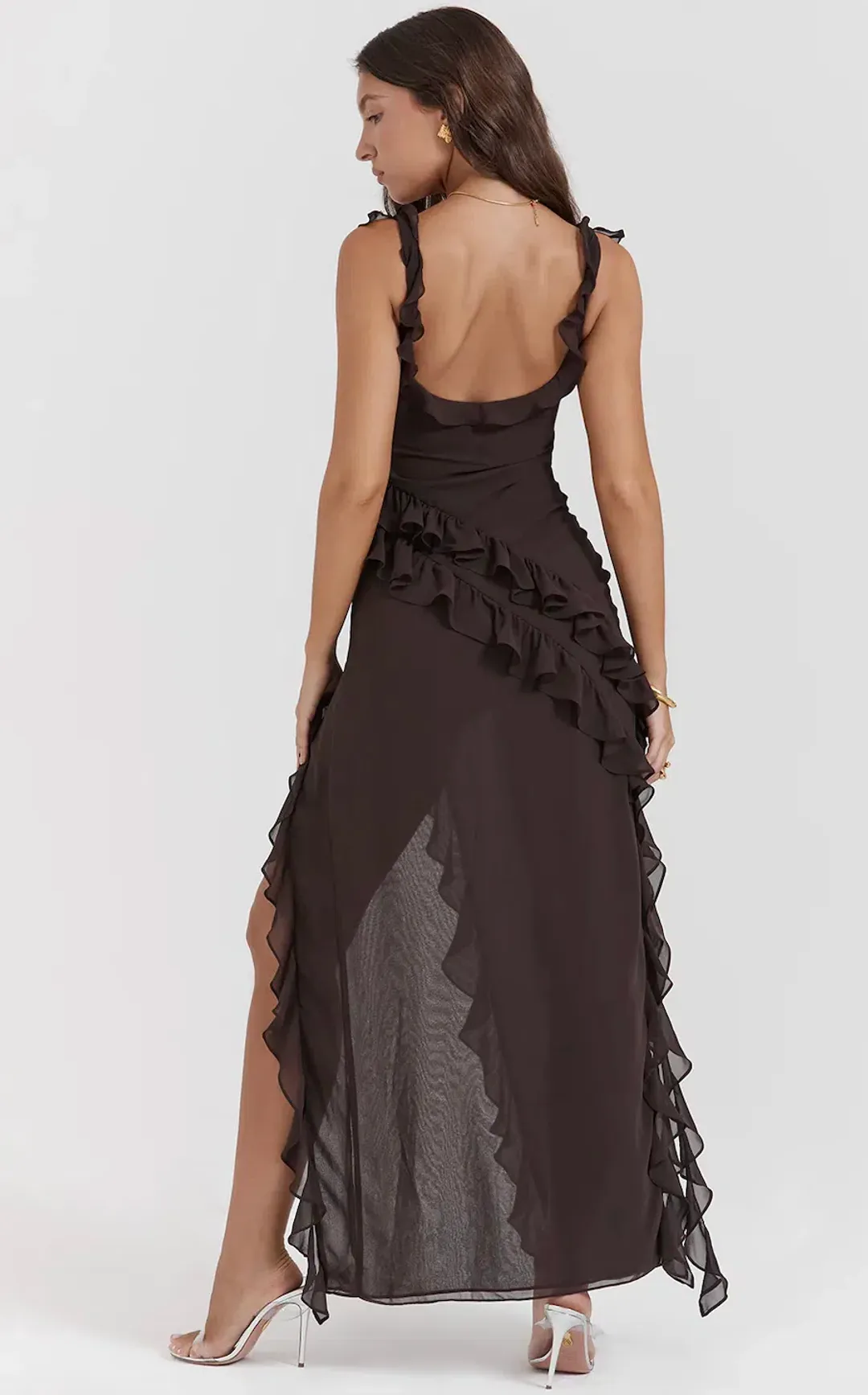 House of CB Ariela Espresso Ruffle Maxi Dress Size L / AU 12 for rent on The Volte - main image
