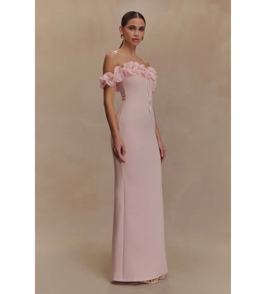 Meshki Nova Ruffle Off Shoulder Maxi Dress Ballet Pink Size 10 for rent on The Volte - main image