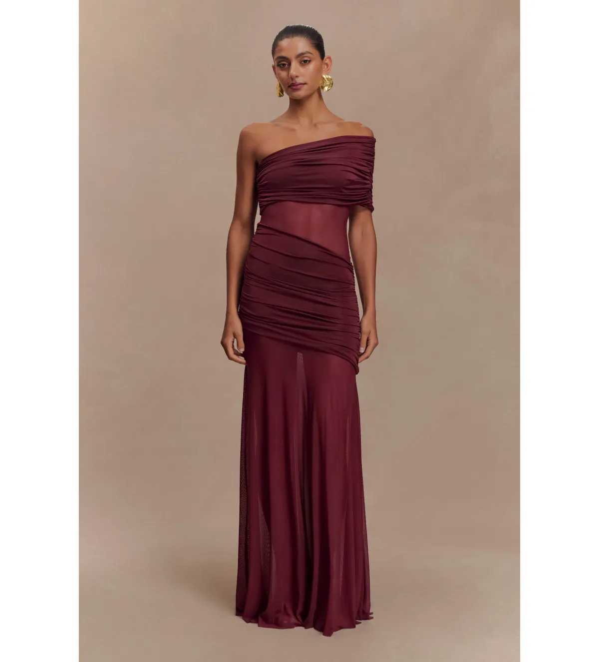 Meshki Dallas One Shoulder Mesh Maxi Dress Burgundy Size 8 for rent on The Volte - main image