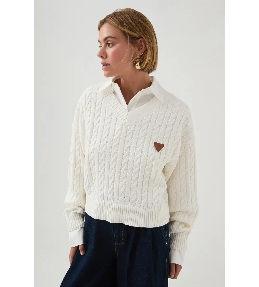Aje Naia Cropped Cable Knit in Ivory Size  for rent on The Volte - main image