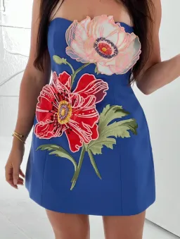 Leo Lin Rosario Appliqué Floral Bustier Mini Dress Lapis Size AU 10 for rent on The Volte - image 1