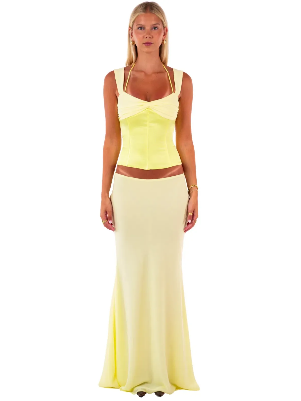 I am Delilah Scarlett Corset & Maxi Skirt Set in Butter Yellow Size S (AU 8)  for rent on The Volte - main image