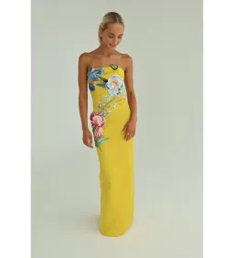 Leo Lin Rayna Applique Floral Bustier Maxi Dress Mustard Size AU 10 for rent on The Volte - image 3