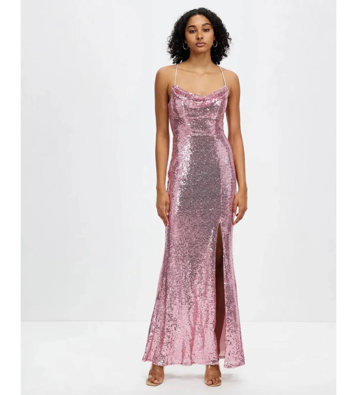 Bariano Stephanie Cowl Draped Sequin Gown Baby Pink Size AU 16  for rent on The Volte - main image