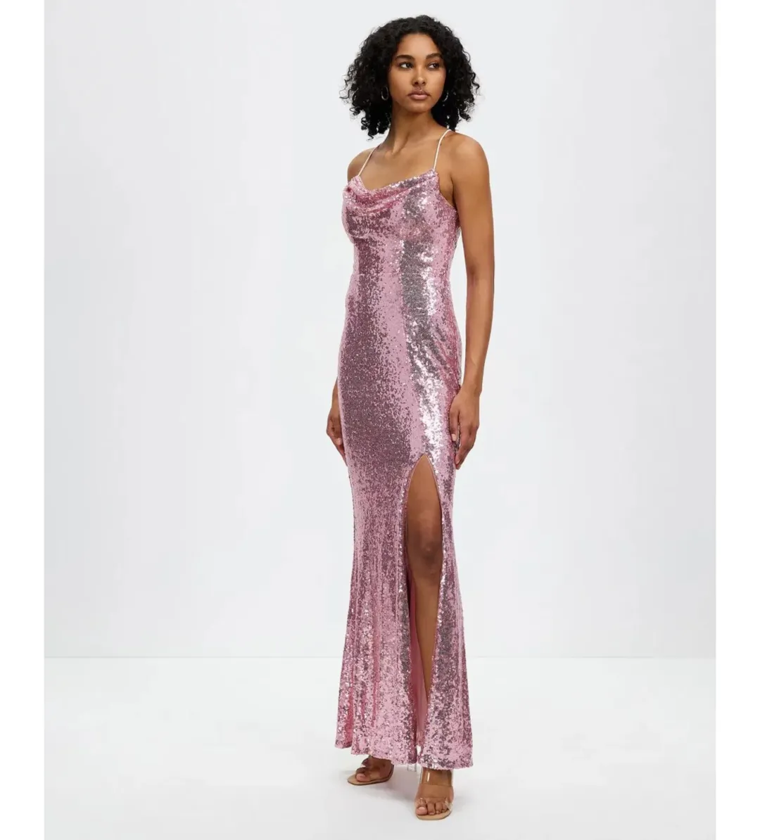 Bariano Stephanie Cowl Draped Sequin Gown Baby Pink Size AU 16  for rent on The Volte - main image