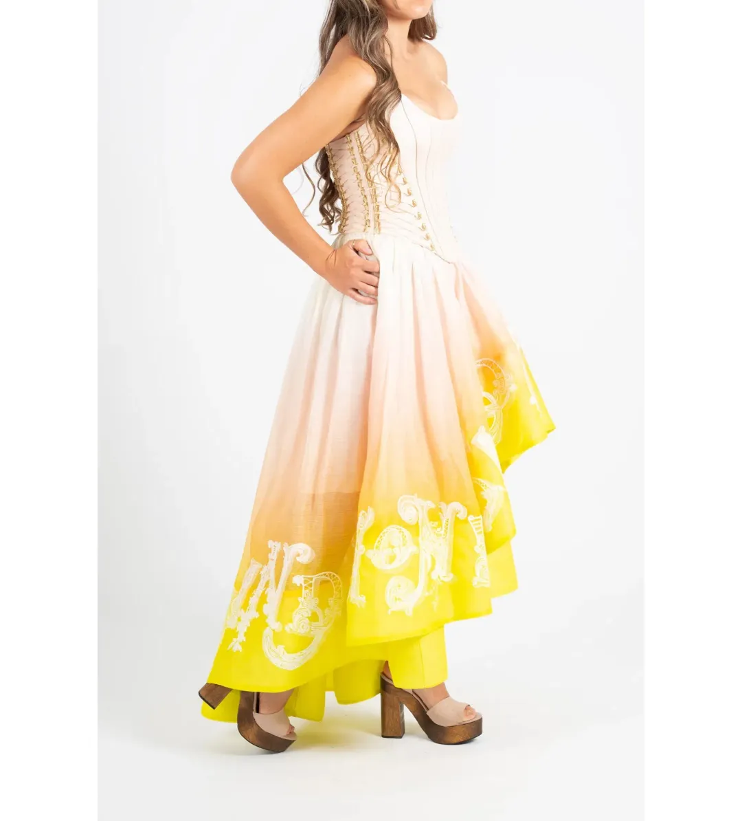 Zimmermann Wonderland Lace Up Midi Dress Sunset Ombre Size 2 AU 12 for rent on The Volte - main image