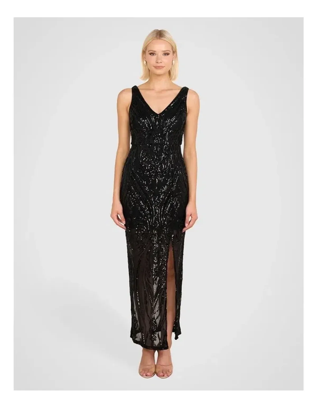 Pilgrim Saige V Neck Sequin Gown in Black Size 14 for rent on The Volte - main image