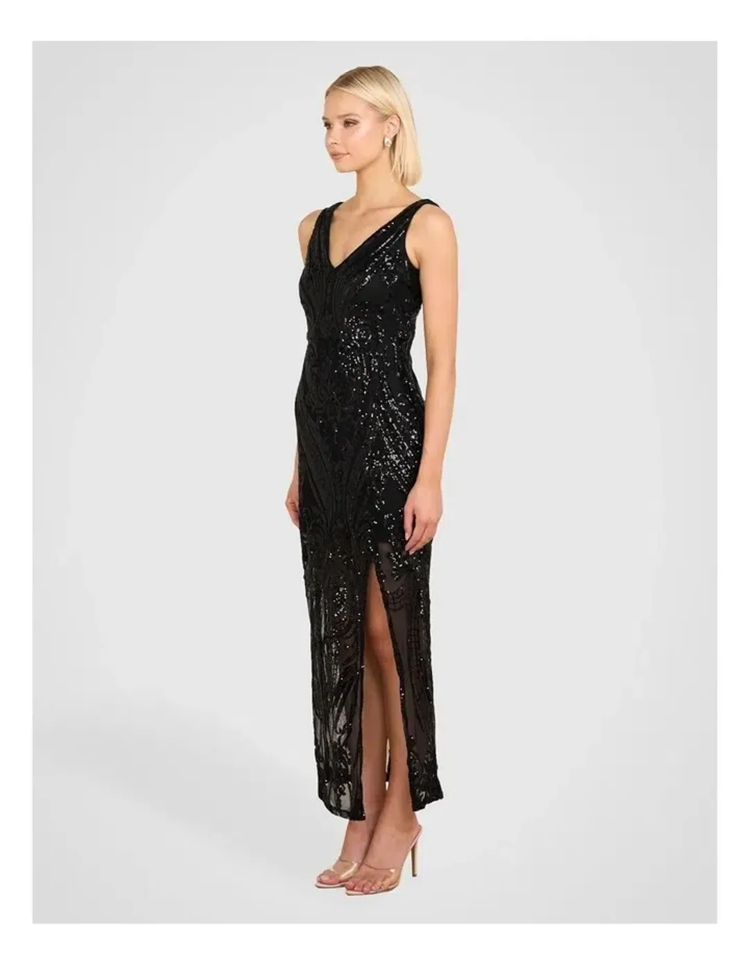 Pilgrim Saige V Neck Sequin Gown in Black Size 14 for rent on The Volte - main image