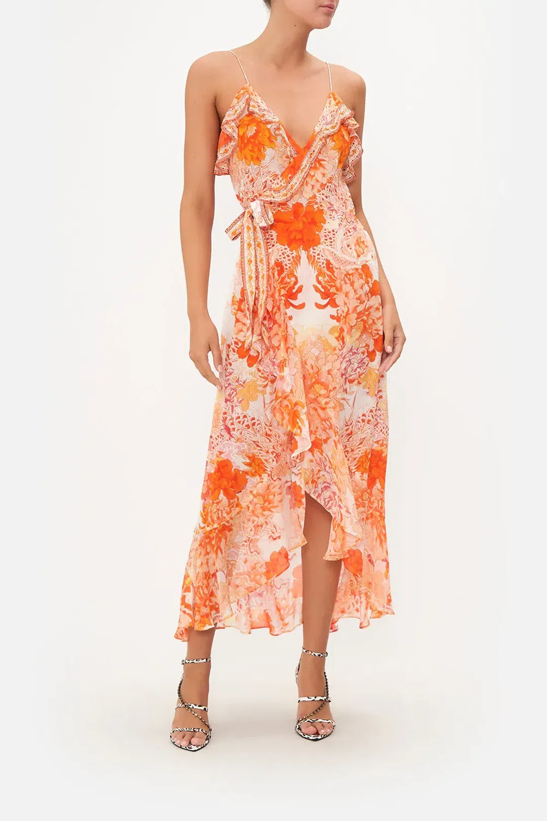 Camilla Long Wrap Dress With Frill Orange Print Size L / AU 14 for rent on The Volte - main image