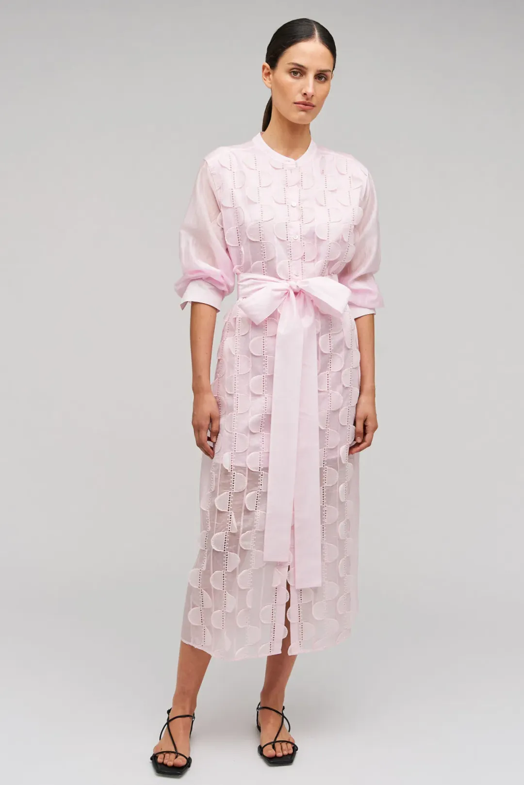 Oroton Scallop Lace Shirt Midi Long Sleeve Dress Pink Rose Size AU 16 for rent on The Volte - main image