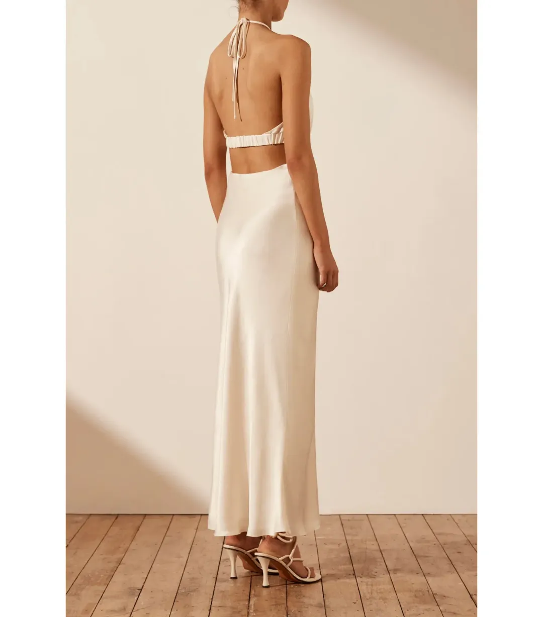 Shona Joy Milo Ruched Open Back Midi Dress in Coconut Size AU 12 for rent on The Volte - main image