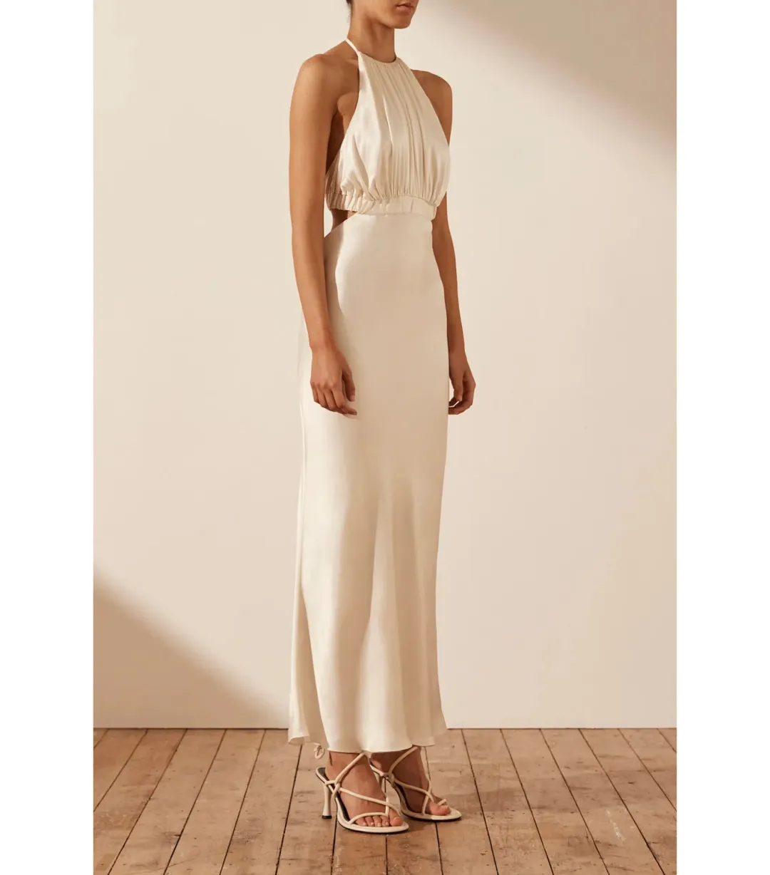Shona Joy Milo Ruched Open Back Midi Dress in Coconut Size AU 12 for rent on The Volte - main image