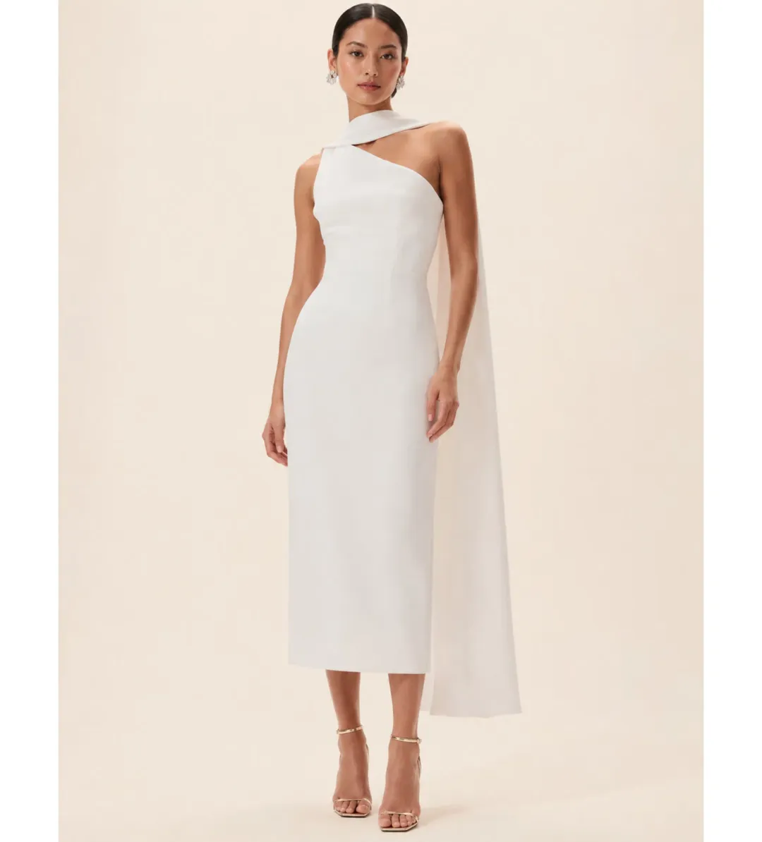 Rachel Gilbert Clara Stretch Crepe Wedding Midi Dress in Ivory Size AU8 for rent on The Volte - main image