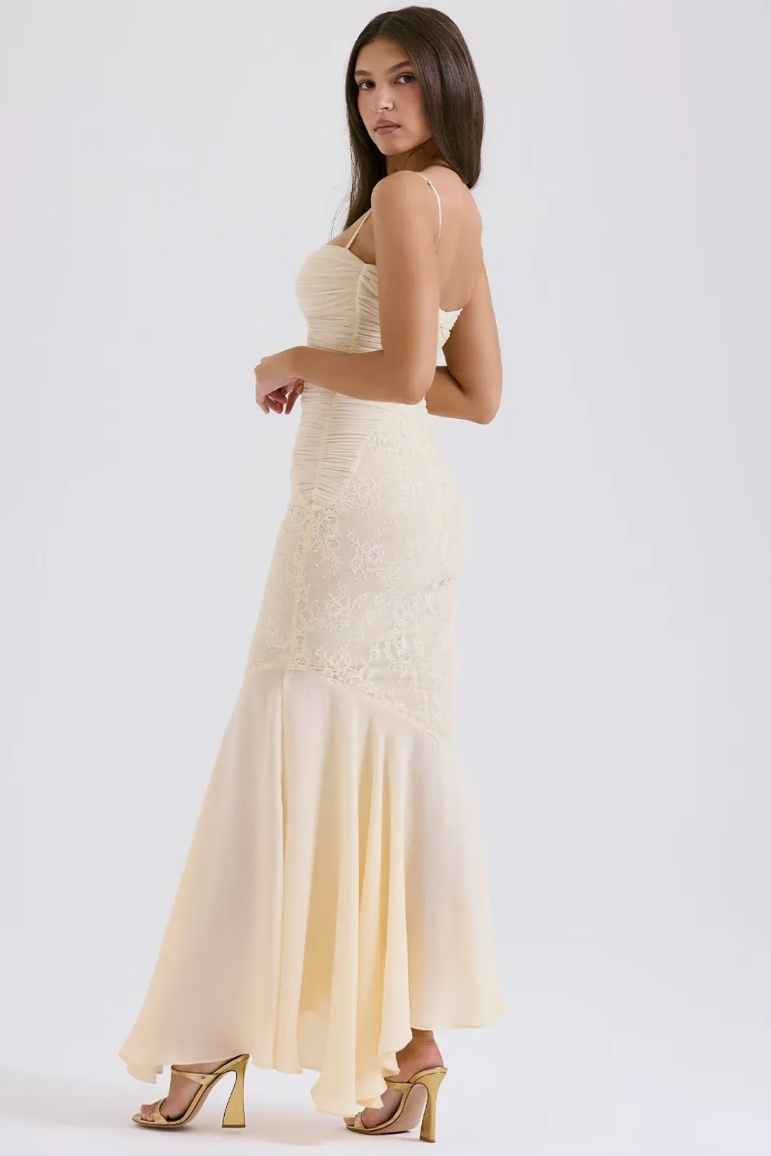 House of CB Felicia Chiffon Lace Maxi Gown in Vanilla Size XS / AU 6 (Regular Cup) for rent on The Volte - main image