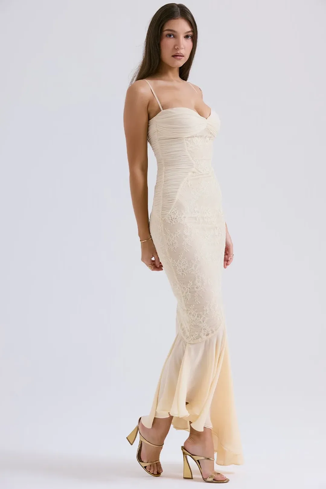 House of CB Felicia Chiffon Lace Maxi Gown in Vanilla Size XS / AU 6 (Regular Cup) for rent on The Volte - main image