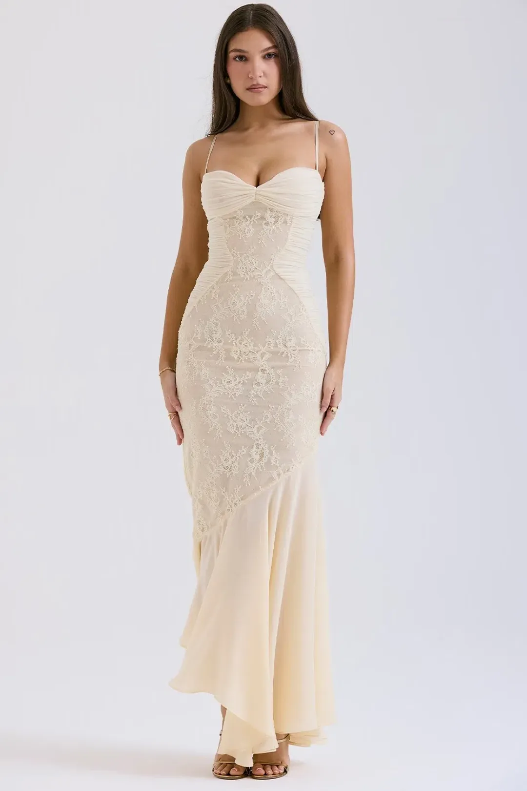 House of CB Felicia Chiffon Lace Maxi Gown in Vanilla Size XS / AU 6 (Regular Cup) for rent on The Volte - main image