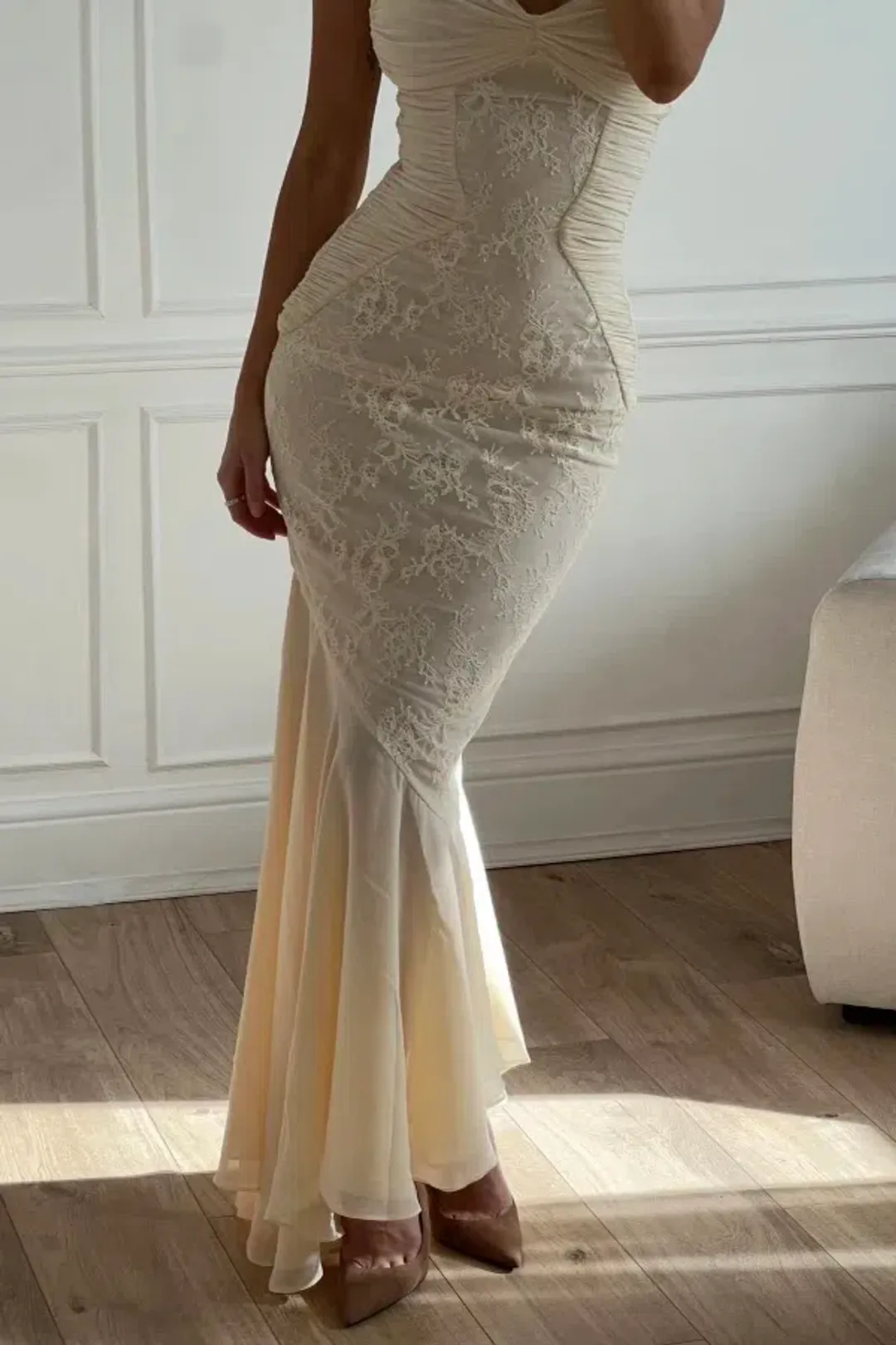 House of CB Felicia Chiffon Lace Maxi Gown in Vanilla Size XS / AU 6 (Regular Cup) for rent on The Volte - main image