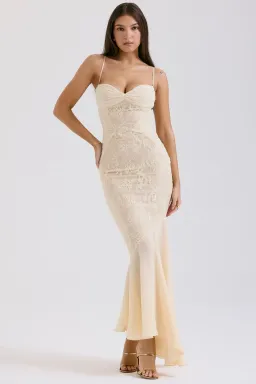 House of CB Felicia Chiffon Lace Maxi Gown in Vanilla Size XS / AU 6 (Regular Cup) for rent on The Volte - image 1