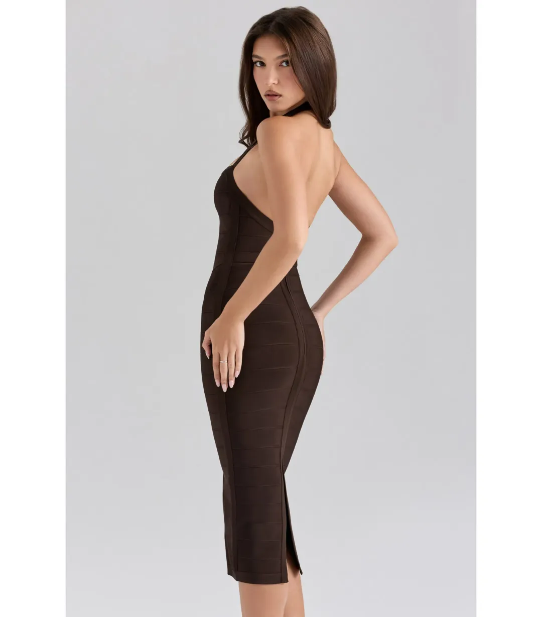 House Of Cb The Supermodel Halter Midi Bandage Dress Chocolat Size L /  AU 14  for rent on The Volte - main image