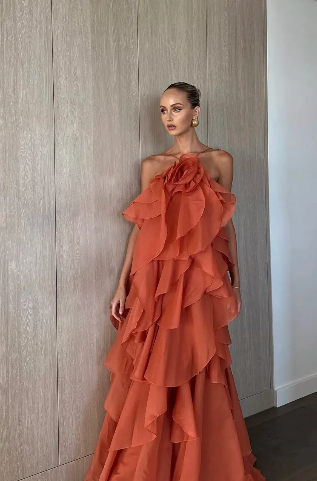 Aje Pandorea Layered Maxi Dress in Coral Clay Size AU 6 for rent on The Volte - main image