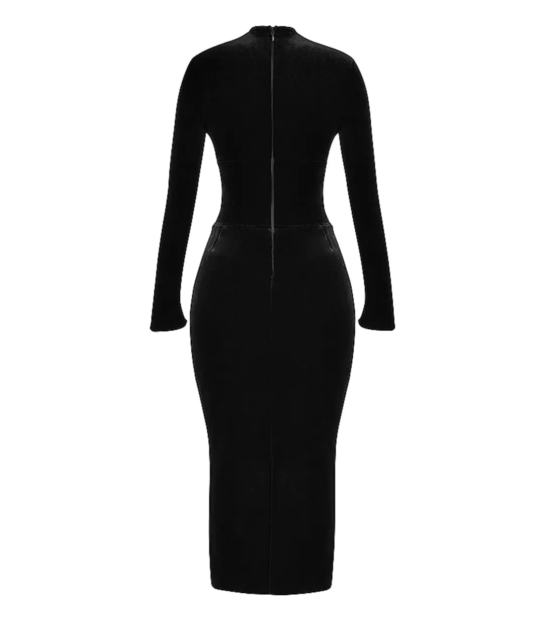 House of CB Arabella Corset Midi Dress Black Velvet Size AU 10  for rent on The Volte - main image