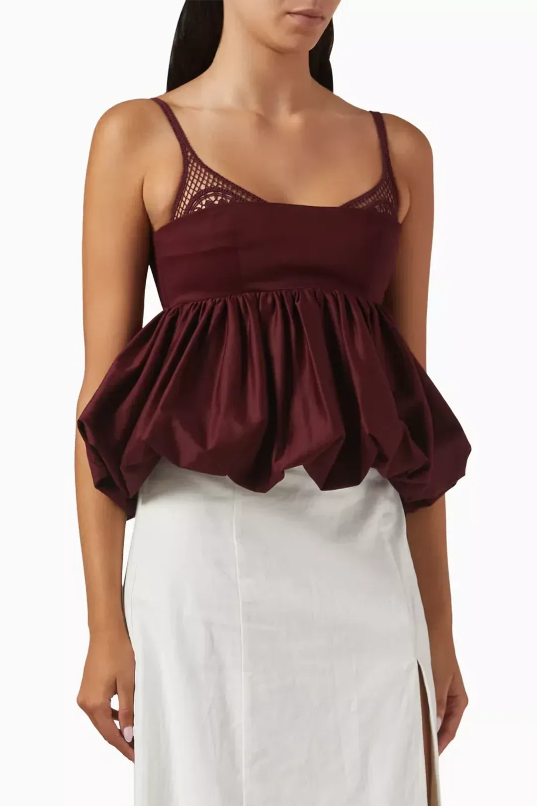 Clea Galerie Mimi Peplum Top in Burgundy XS / AU 6 for rent on The Volte - main image