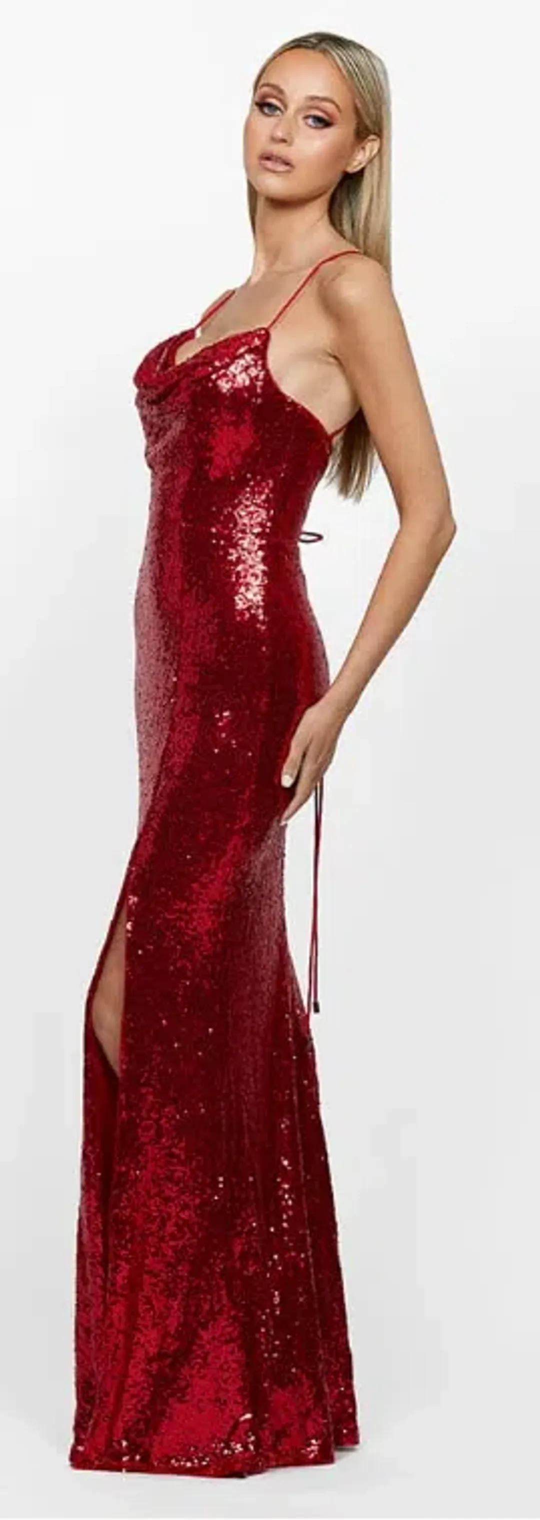 Bariano Stephanie Cowl sequin maxi gown red size 6 for rent on The Volte - main image