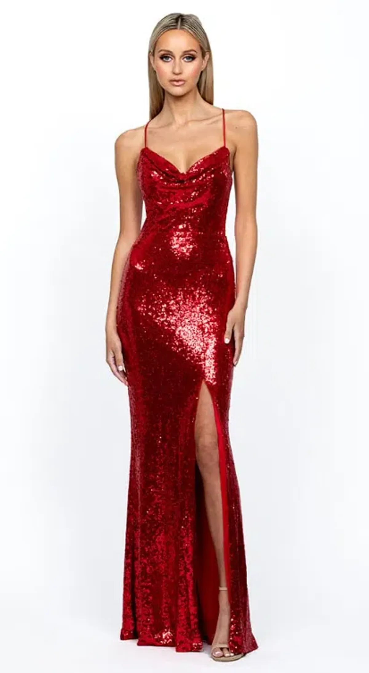 Bariano Stephanie Cowl sequin maxi gown red size 6 for rent on The Volte - main image