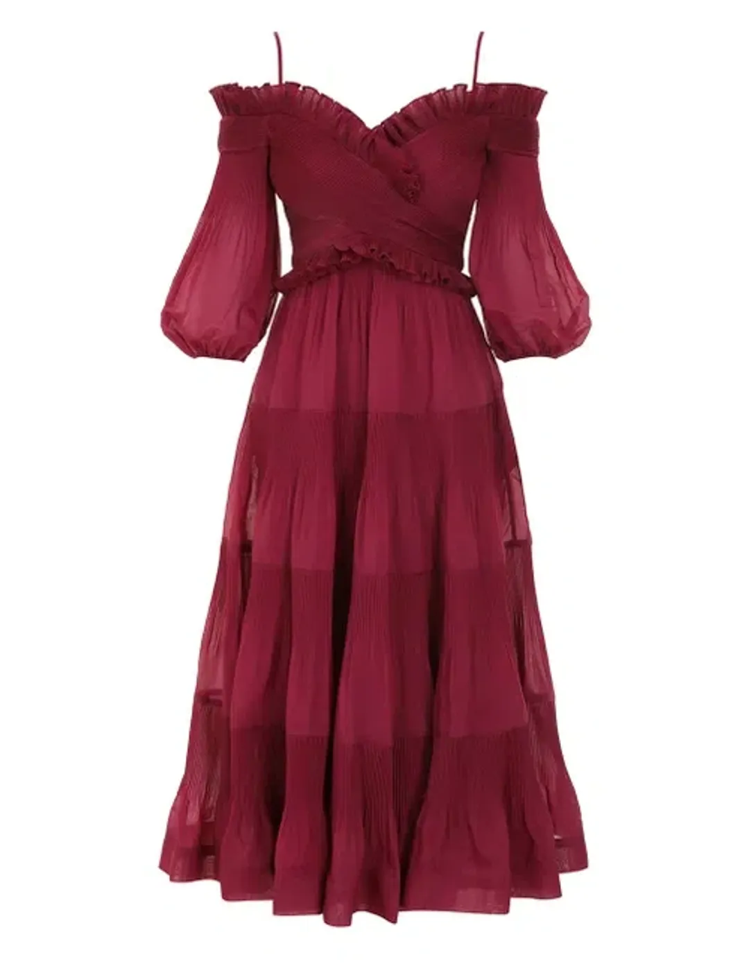 Zimmerman Pleated Off Shoulder Midi Dress Berry Size 1/AU 10 for rent on The Volte - main image