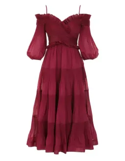 Zimmerman Pleated Off Shoulder Midi Dress Berry Size 1/AU 10 for rent on The Volte - image 6